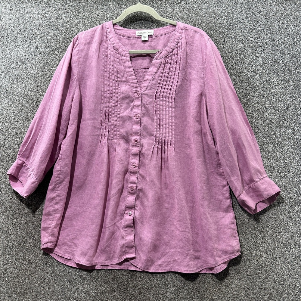 Coldwater Creek Blouse Top Women XL Pink 100% Linen Pintuck 3/4 Sleeve Button Up
